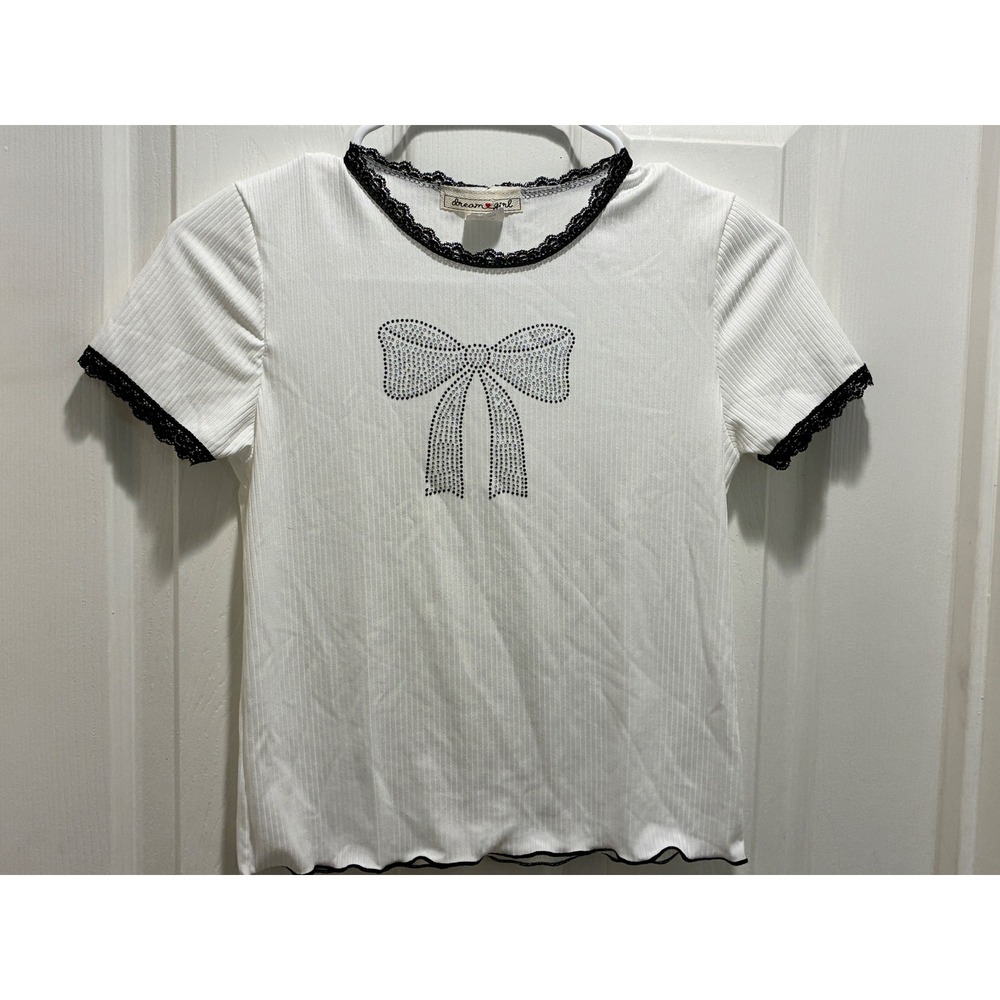 Dream Girl Kids White Ribbed Rhinestone Bow Top Lace Trim Lettuce Hem Size 14/16